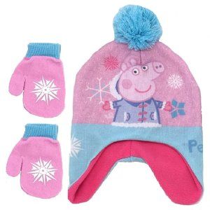Toddler Girls PEPPA PIG Fleece Lined Winter Hat & Mittens Size 2T-4T Pull On NWT